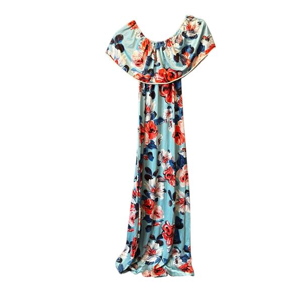Off Shoulder Floral Maxi Dress Blue Red Multicolor Summer Boho Boutique Style - Picture 1 of 7
